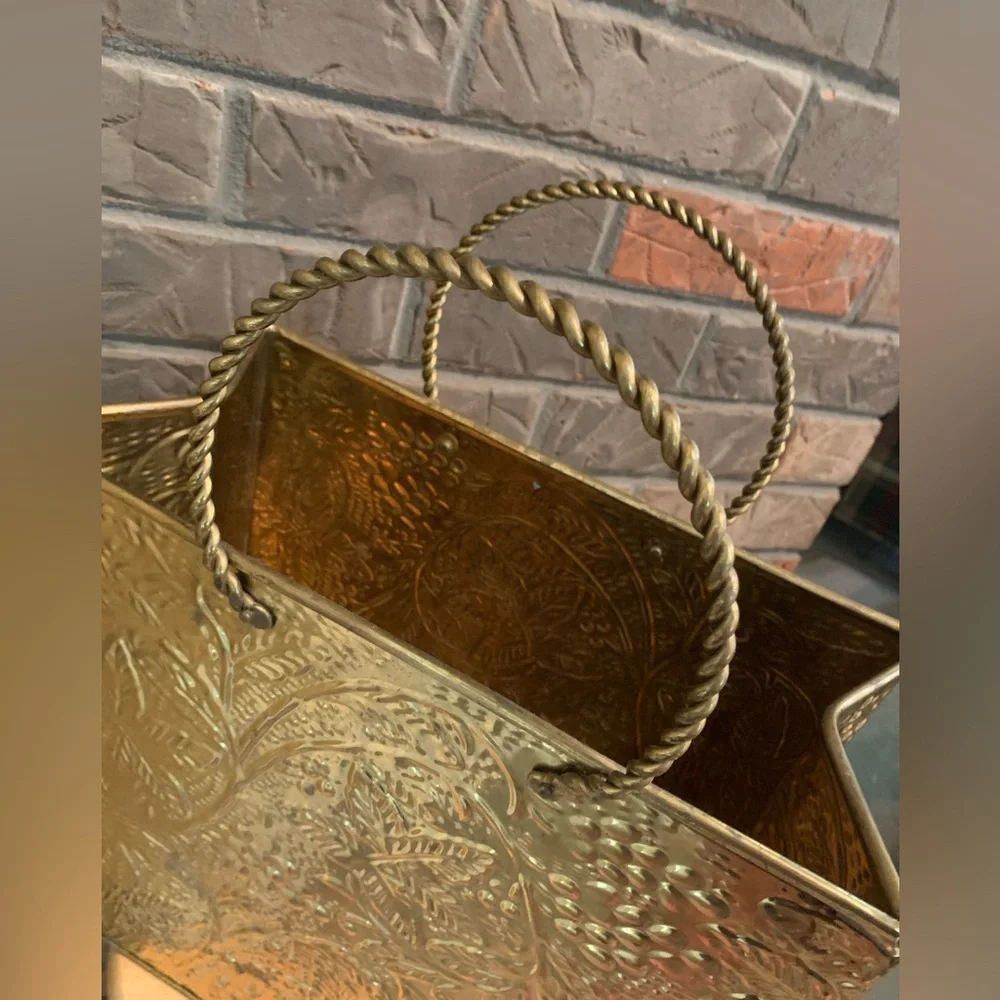 Vintage Brass Embossed Leaves 1970s Shopping Tote Magazine Holder